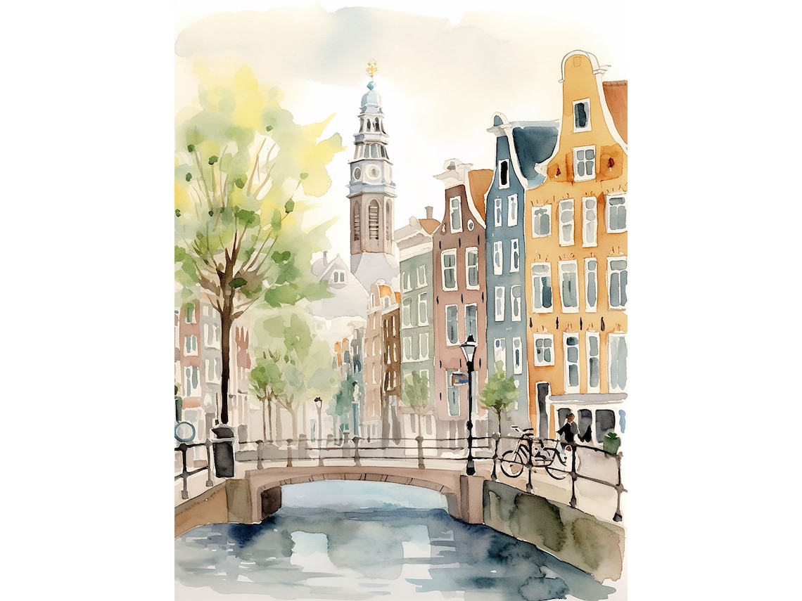 Amsterdam Spring Cityscape Watercolor Art Print