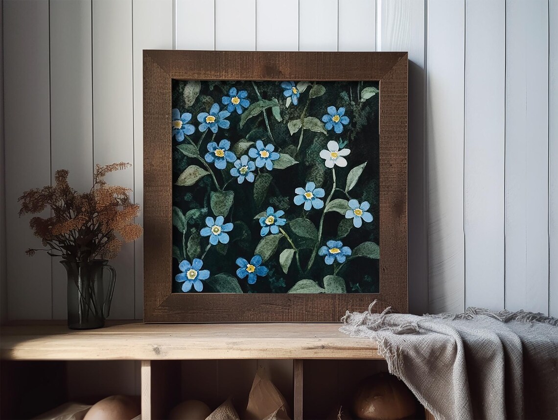 Forget Me Nots Blue Wildflower Watercolor Night Garden Poster - Image 2