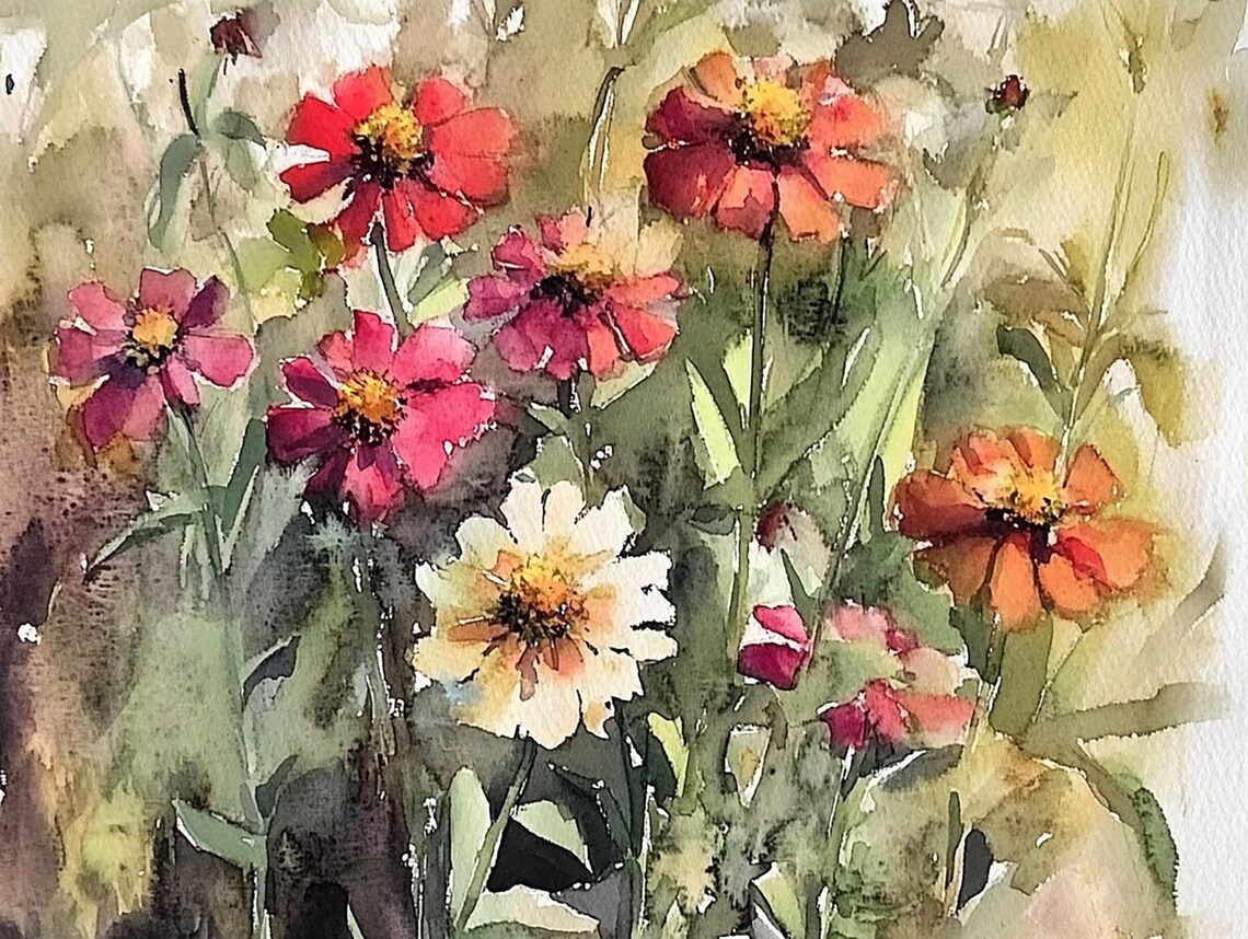 Zinnia Watercolor Floral Art Print, Botanical Poster