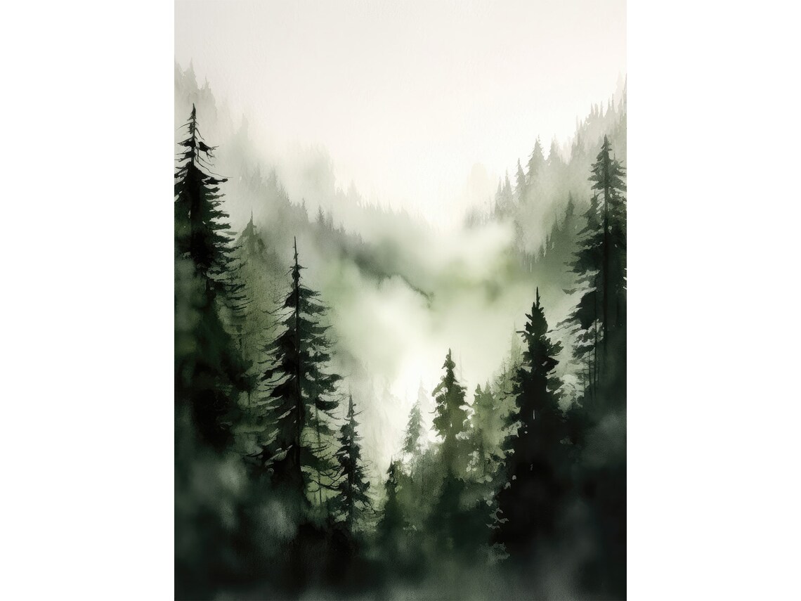 Serene Misty Pine Forest in Fog Moody Green Watercolor Art Poster