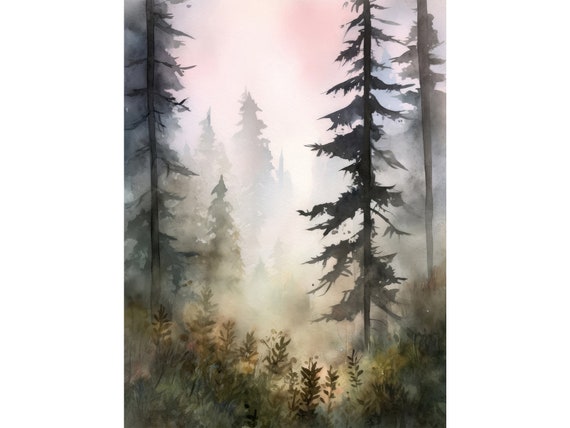 Pine Forest Watercolor Foggy Sunrise Art Print
