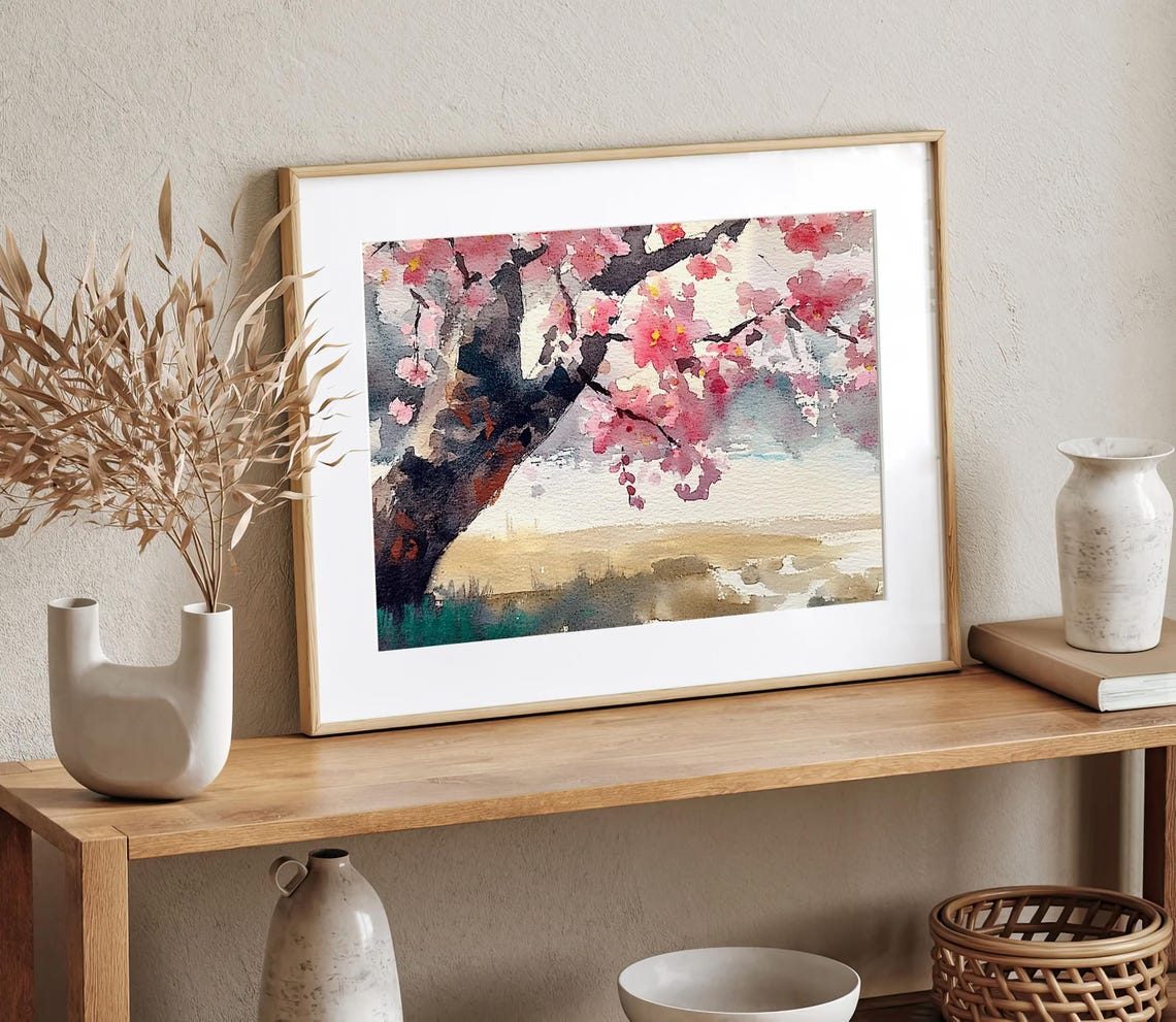 Blushing Pink Cherry Blossom Branches in Spring Watercolor Poster - Image 2