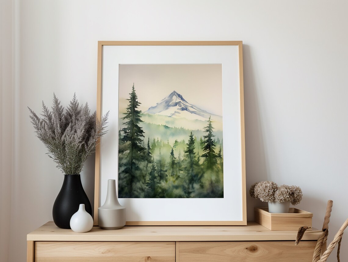 Mountain Forest Watercolor Print, Misty Landscape - Image 5