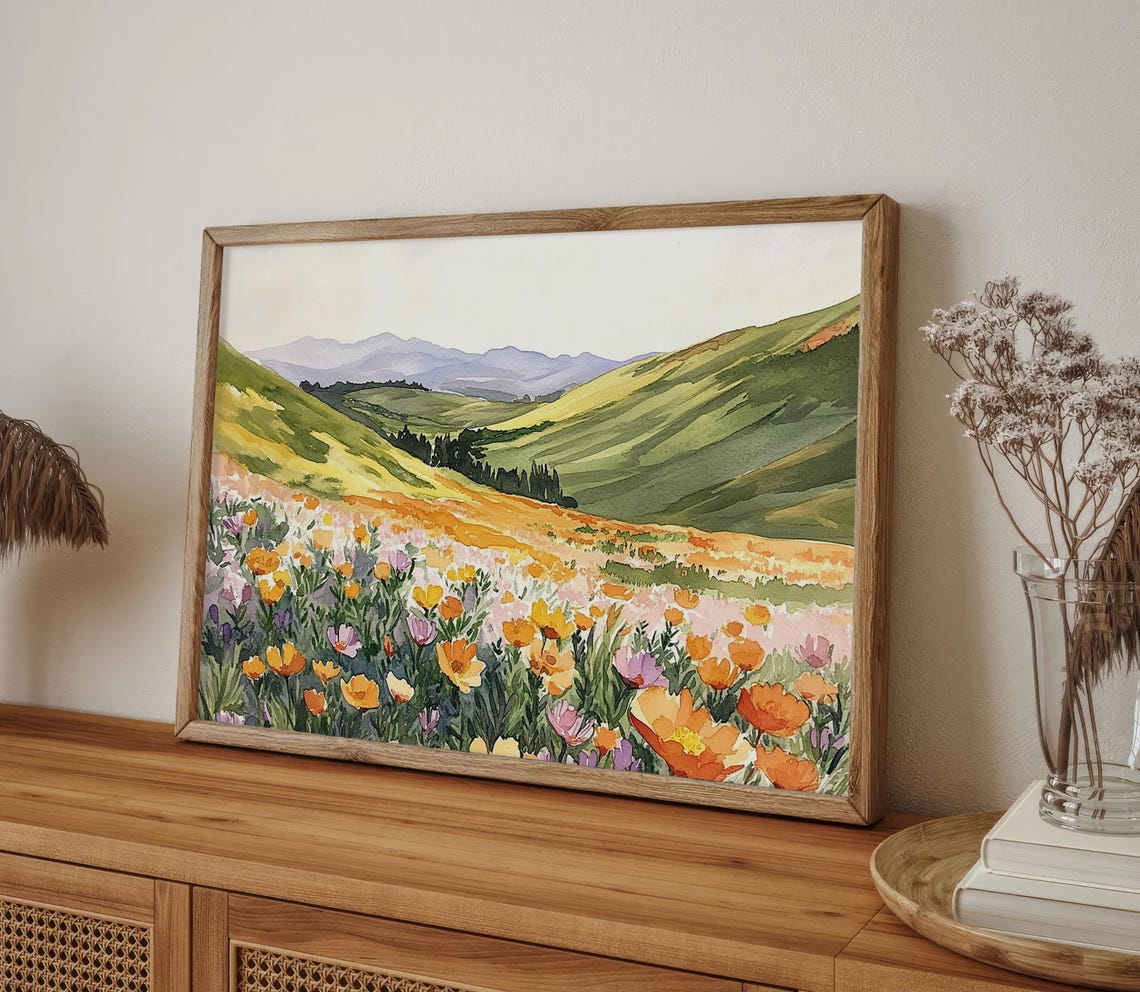 California Blooming Painting California Landscape Watercolor Art Print Field Of Flowers Wall Art Wildflowers Poster Green Hills Wall Art - Image 4