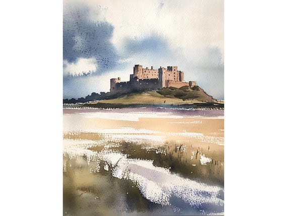 Bamburgh Castle Painting Northumberland Watercolor Art Print England Wall Art Landscape Print Travel Poster