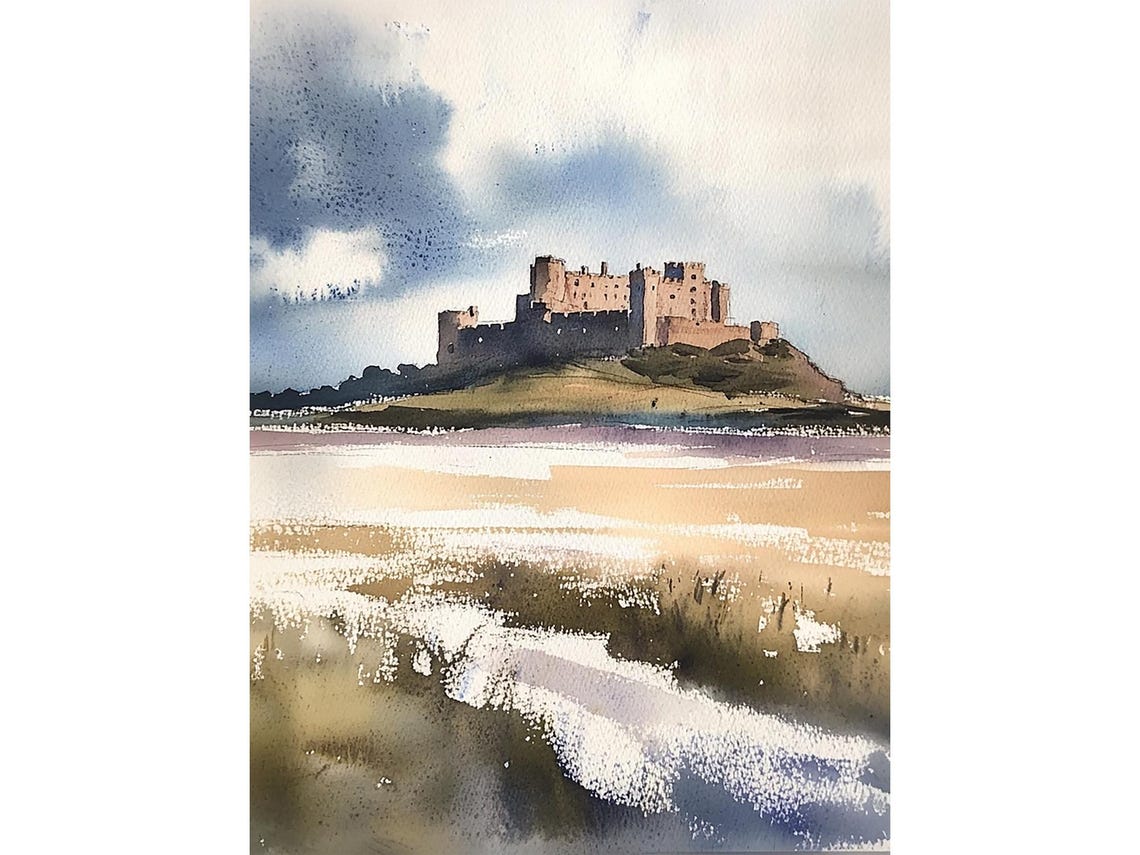 Medieval Castle on Hill Above Water Dramatic Sky Watercolor Poster