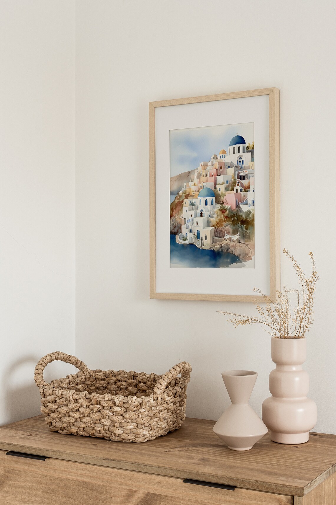 Santorini Watercolor Art Print, Greece Coastal Landscape - Image 4