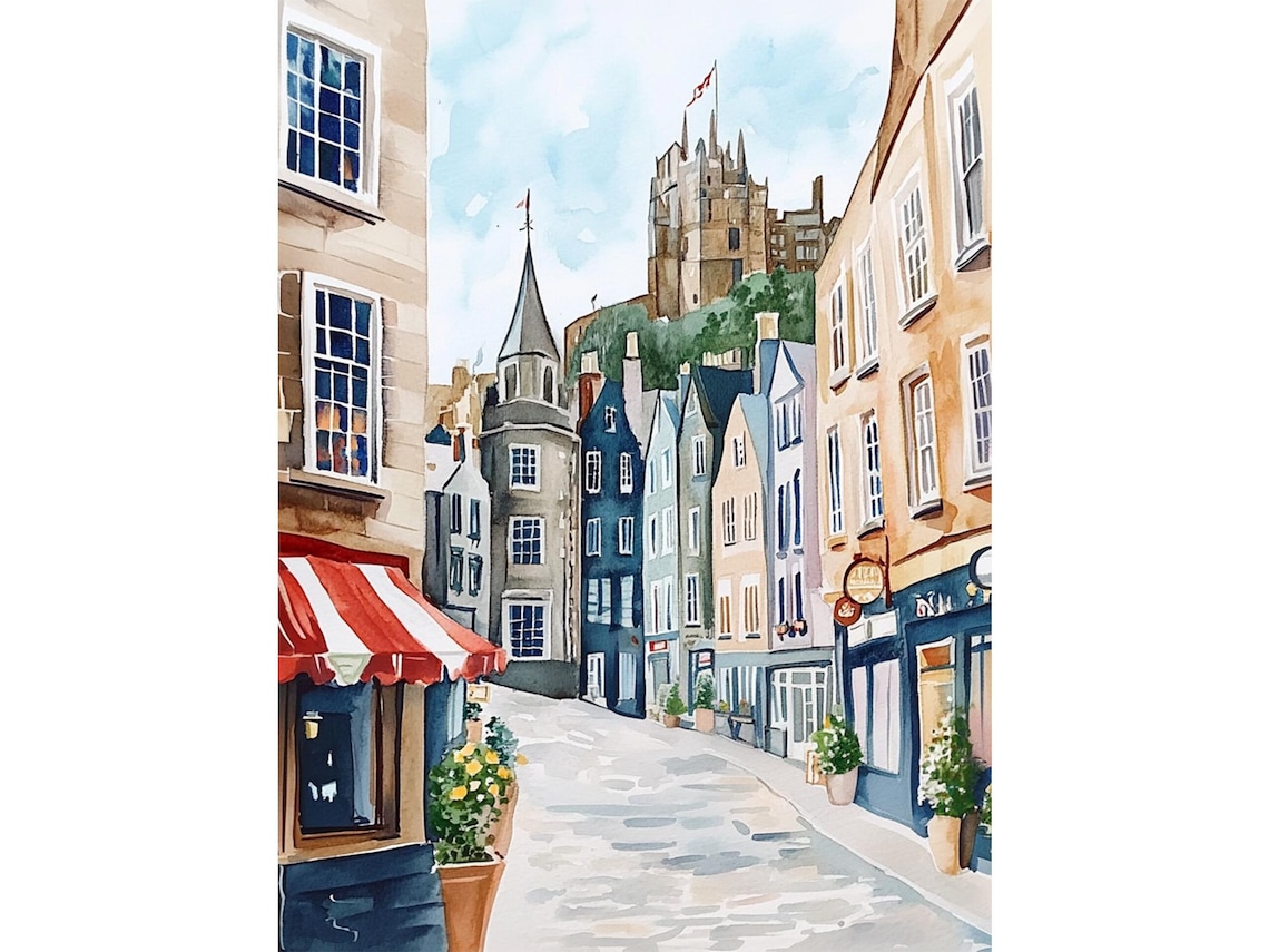 Bow Street Edinburgh Watercolor Art Print, Scotland