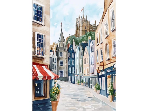 Bow Street Edinburgh Watercolor Art Print, Scotland