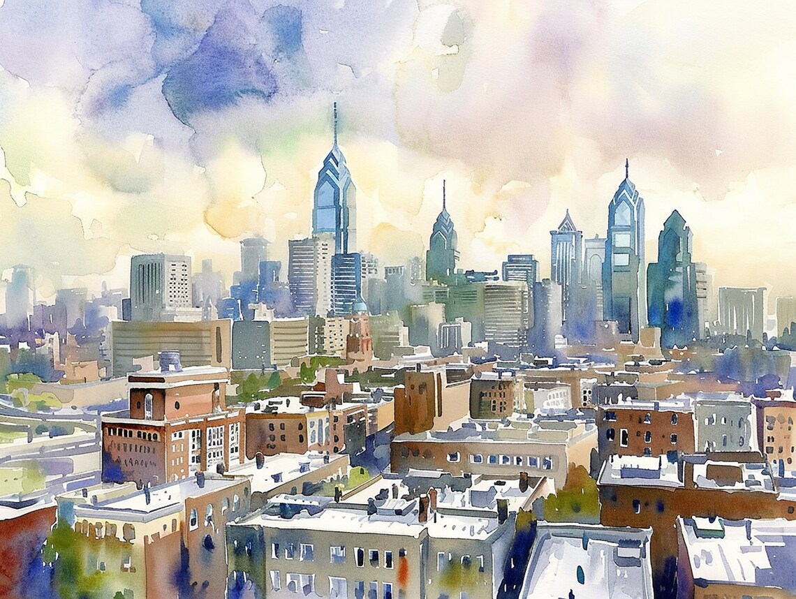 Philadelphia Cityscape Watercolor Art Print, Travel Poster