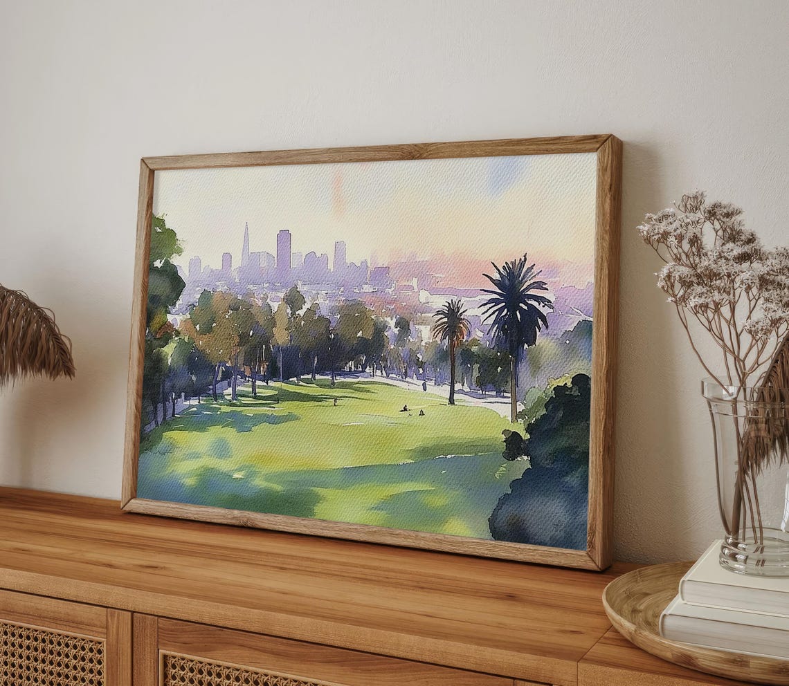 San Francisco Skyline Glowing Beyond a Sunny Park Watercolor Poster - Image 4