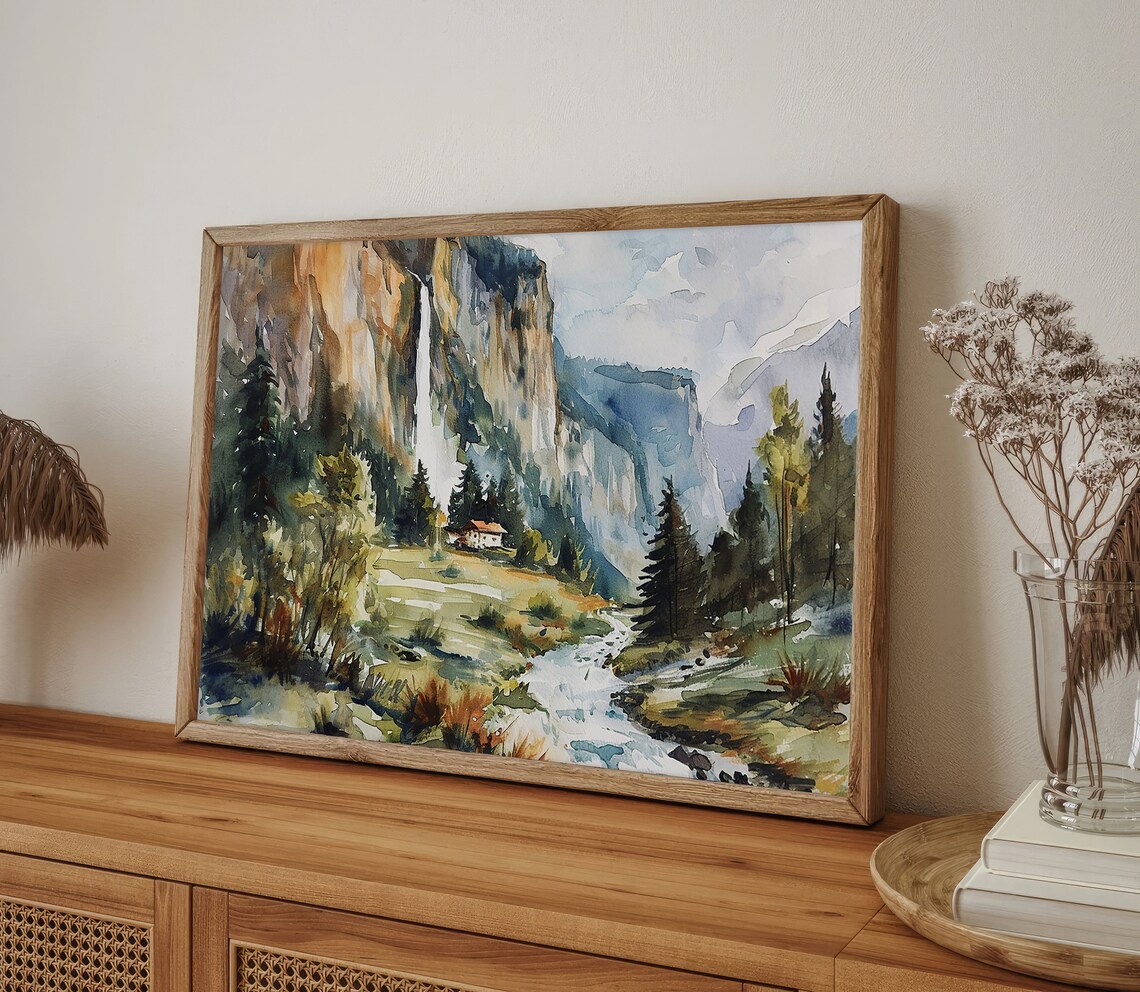 Staubbach Waterfall Switzerland Landscape Watercolor Art Print - Image 3