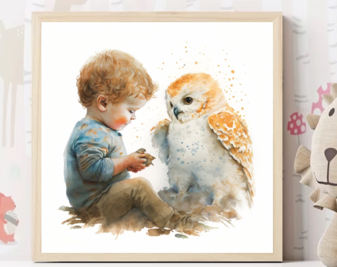 Little Boy With a White Owl Watercolor Nursery Room Scene Poster - Image 6