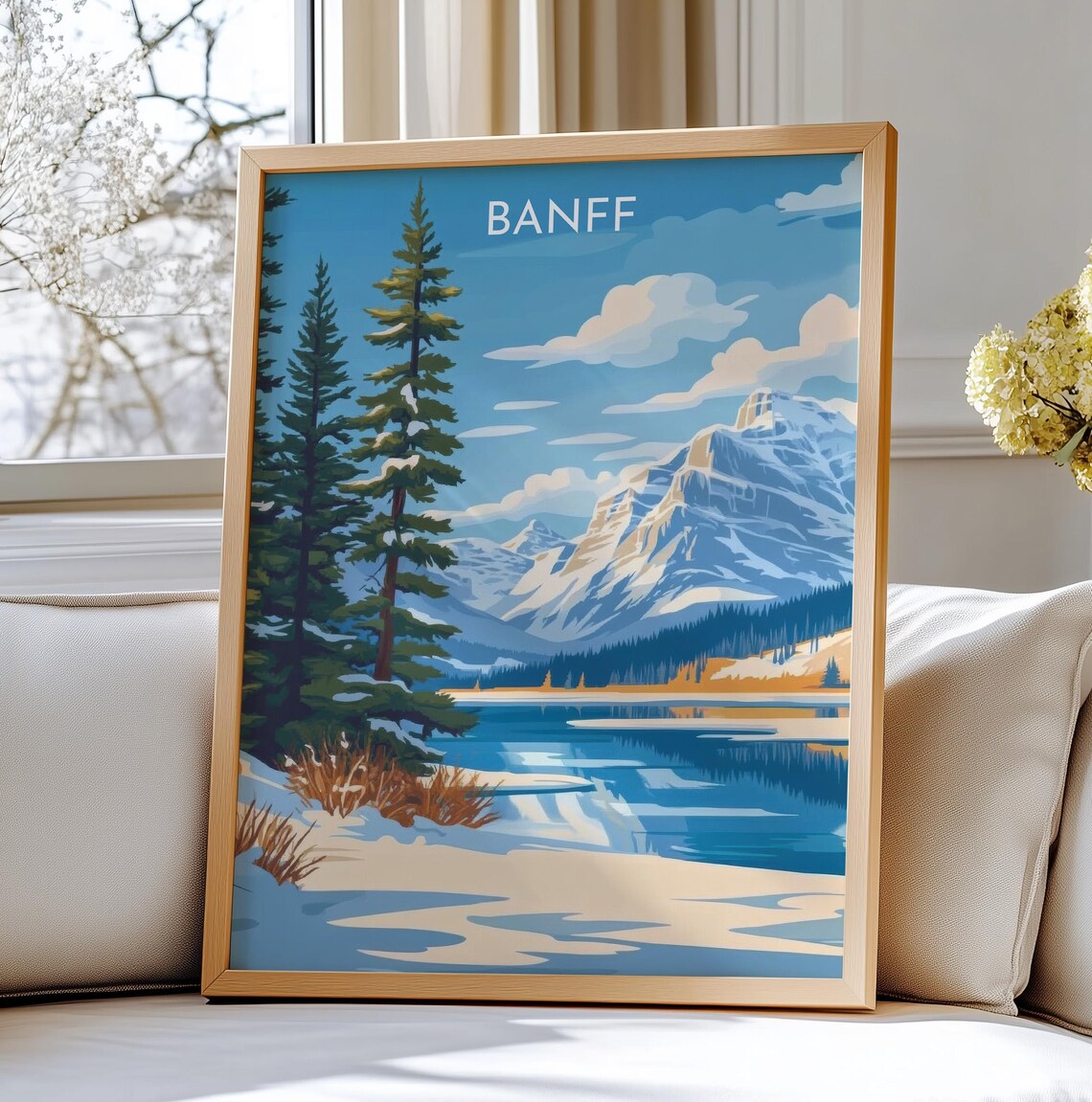 Banff Winter Snowy Pines Frozen Lake Mountain Vintage Travel Poster