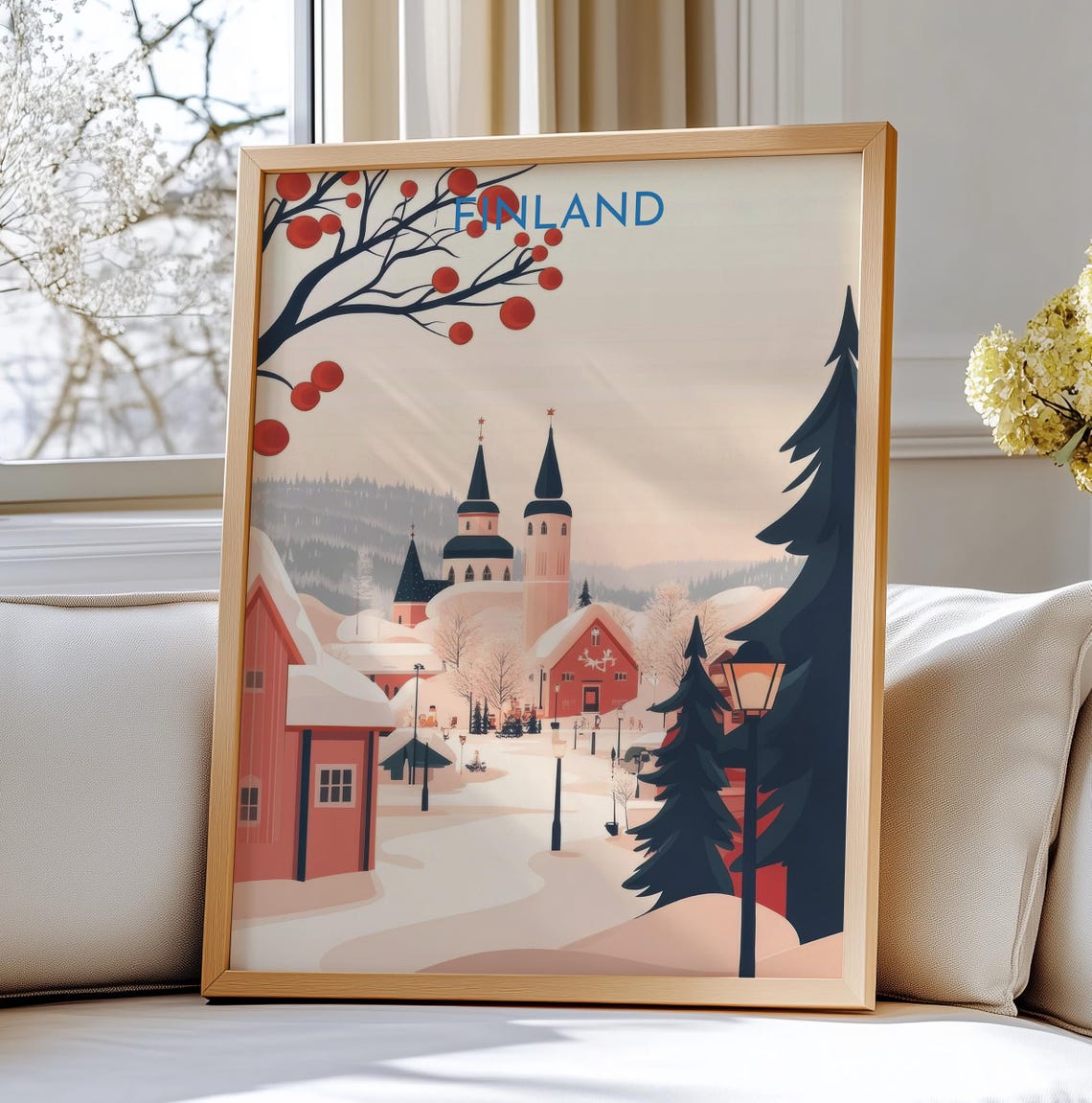 Finland Enchanting Snowy Village Twin Spired Church Winter Art Poster