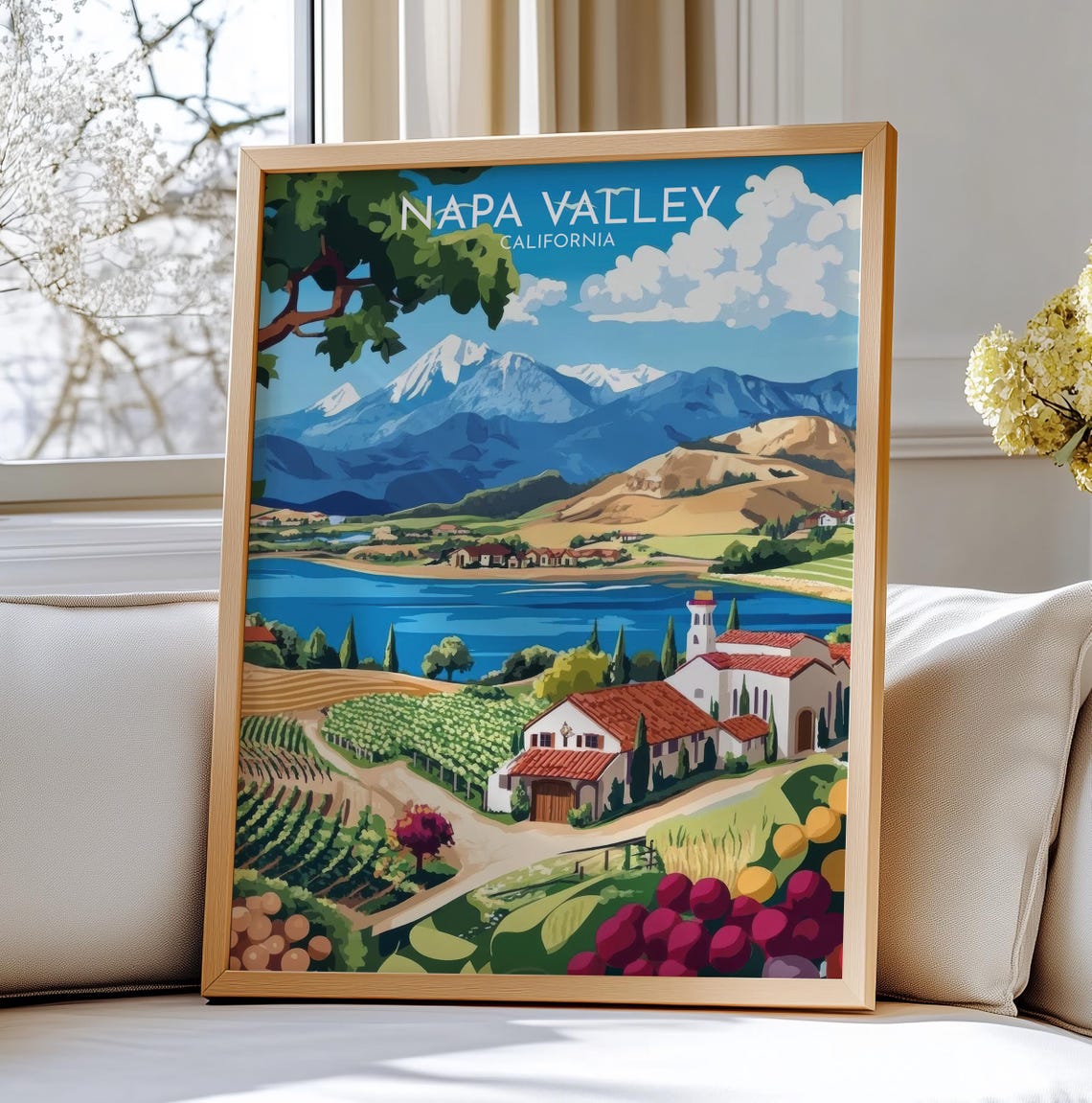 Napa Valley California Poster Lake Vineyards Grapes Mountain Art View