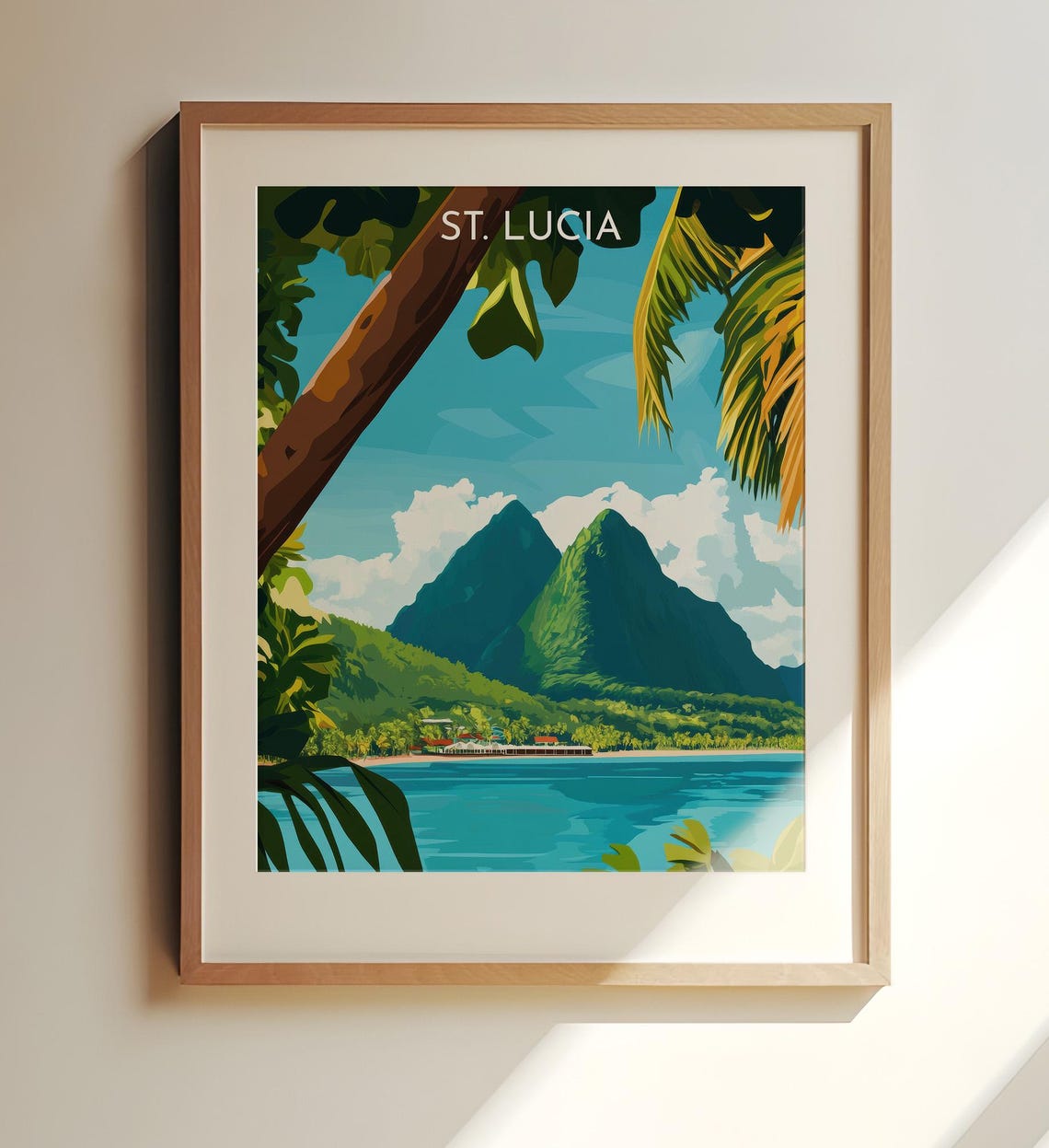 St. Lucia Caribbean Pitons Mountains And Palm Beach Travel Poster
