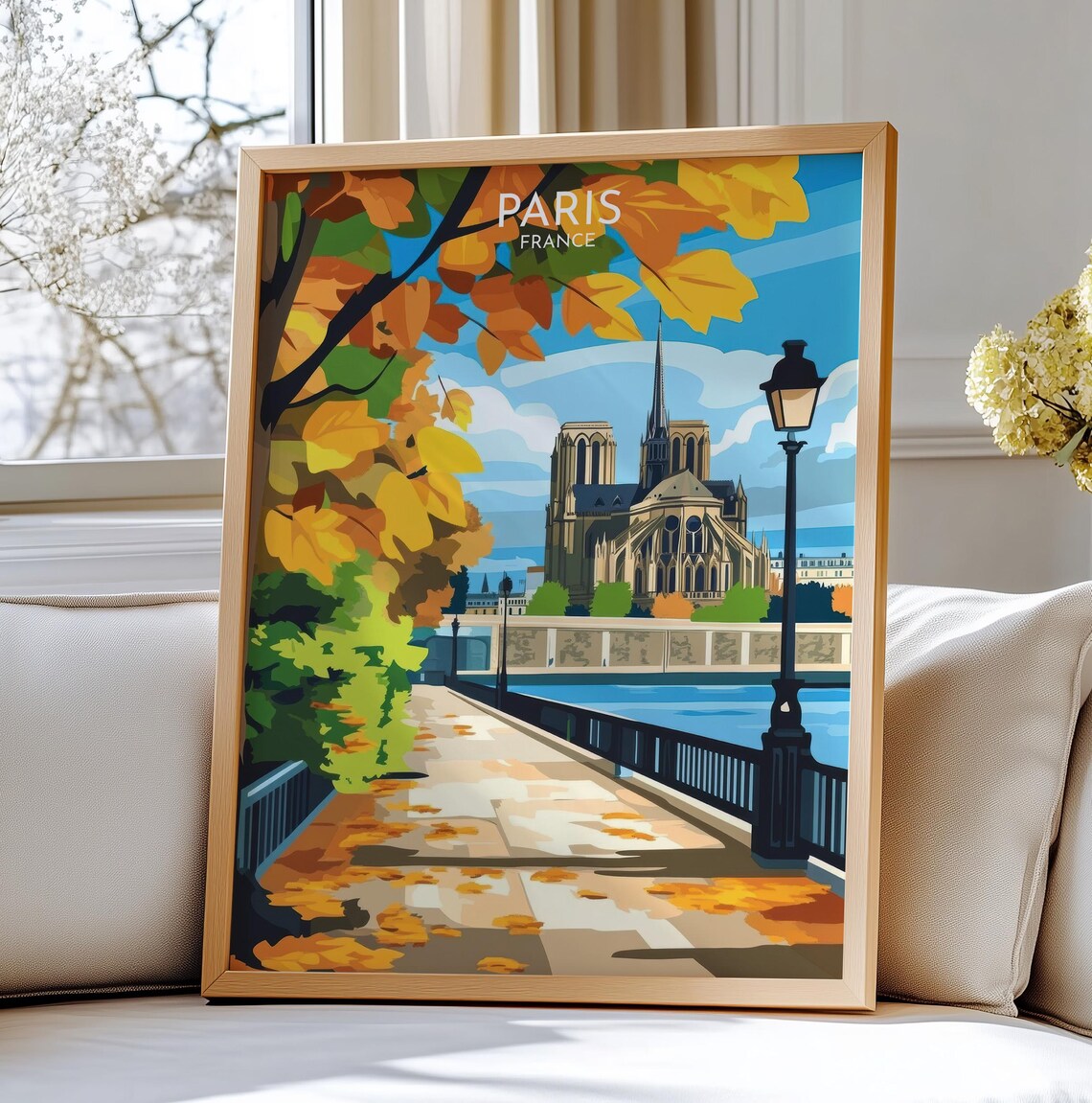Paris France Notre Dame Autumn Seine Bridge Golden Fall Travel Poster