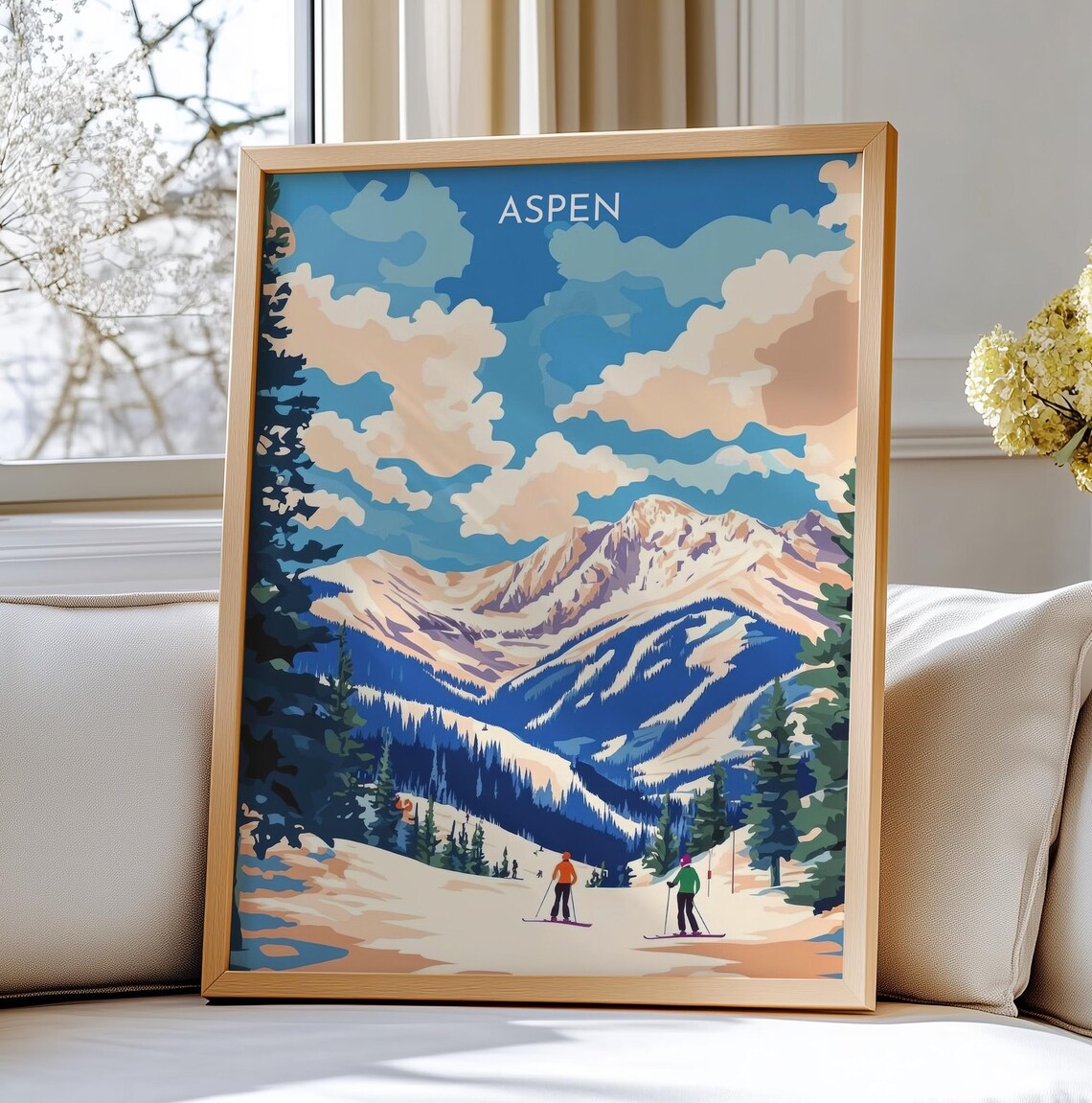Aspen Mountain Skiers Blue Sky Vintage Winter Travel Art Poster
