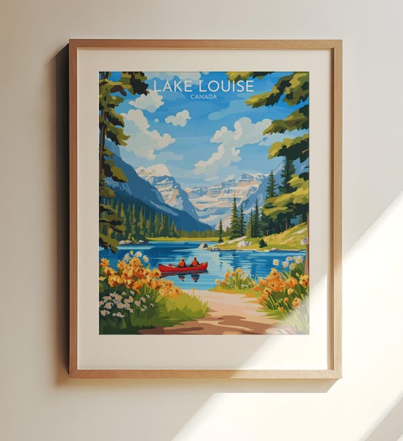 Lake Louise Canada Art Poster Travel Scenic Canoe Adventure In Canadian Rockies