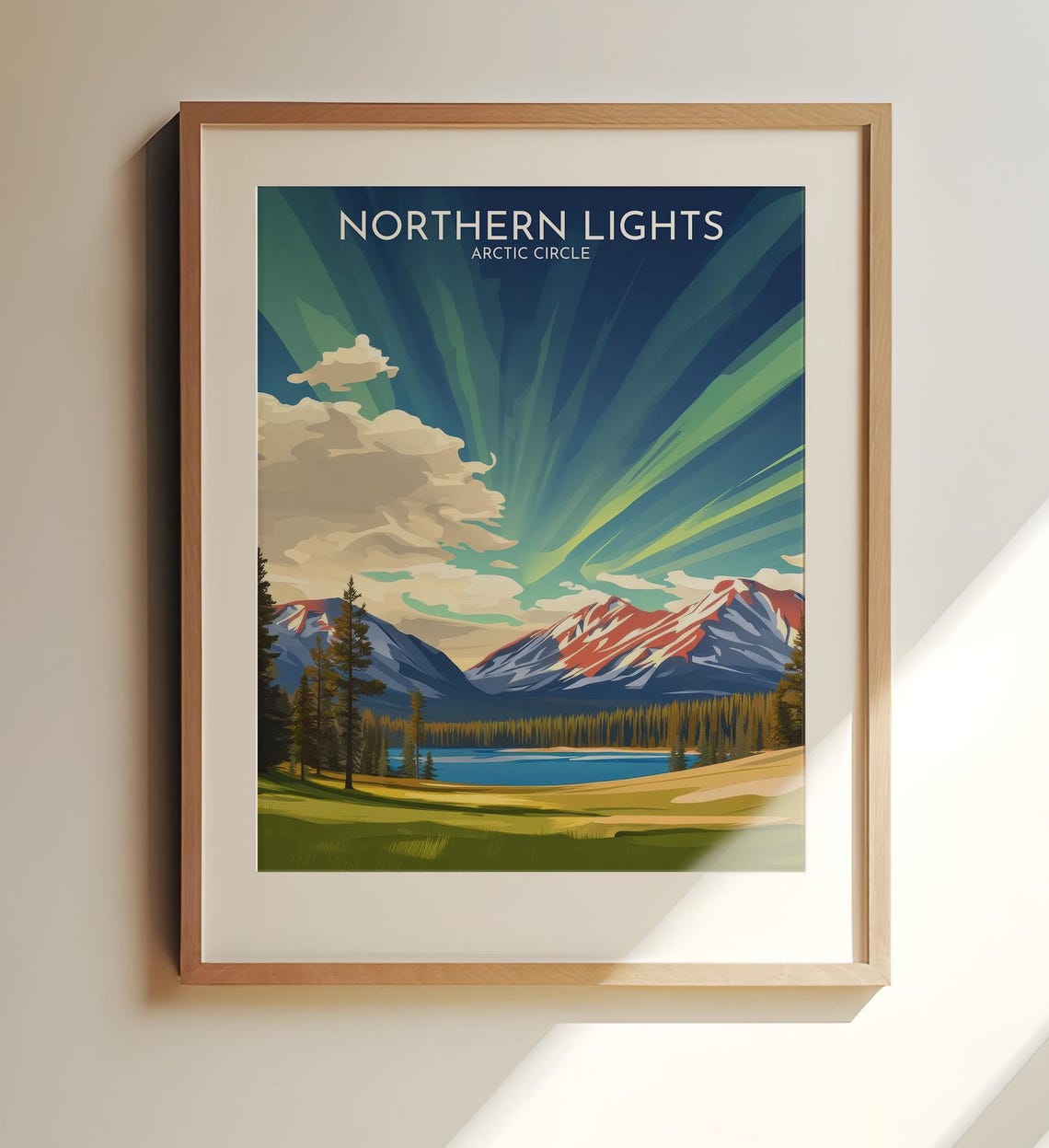 Northern Lights Arctic Circle Travel Poster Aurora Mountains Scene