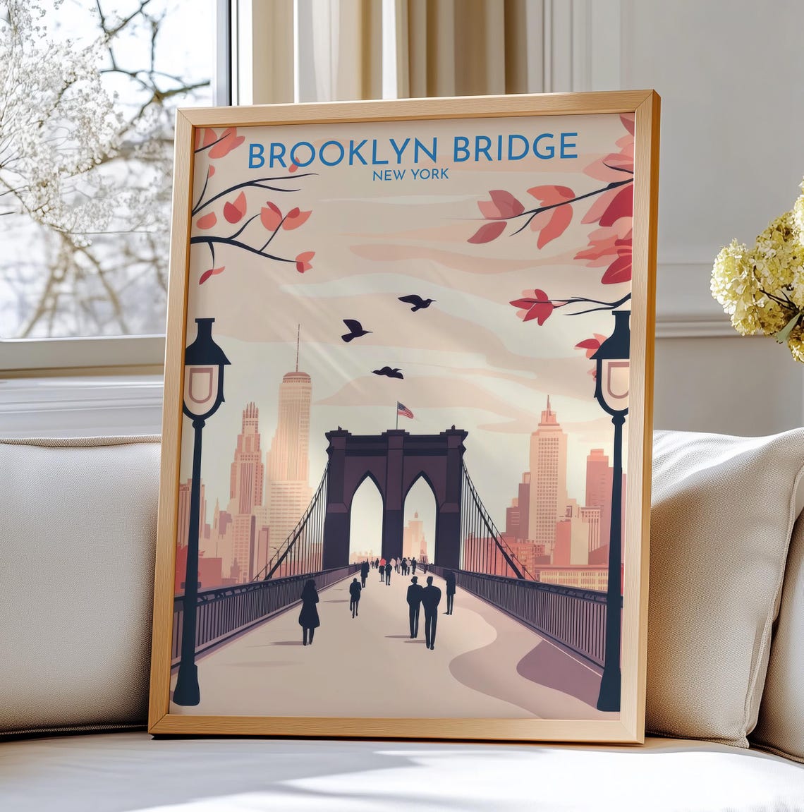 Brooklyn Bridge Autumn Walkers New York Vintage Travel Poster