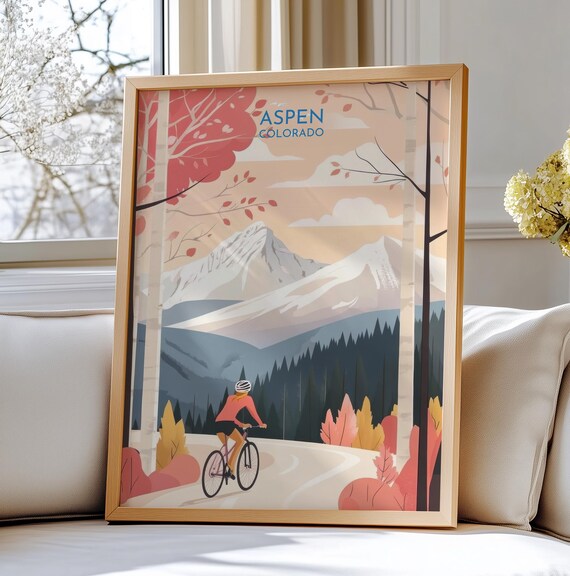 Aspen Colorado Cyclist Travel Poster Autumn Birch Mountains Bike Art