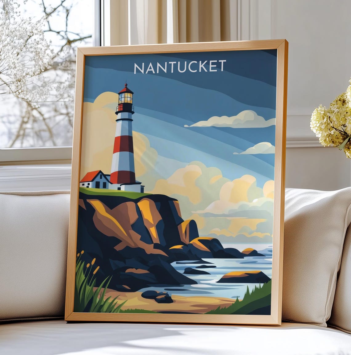 Nantucket Lighthouse Rocky Cliff Sunset Coastal Travel Poster