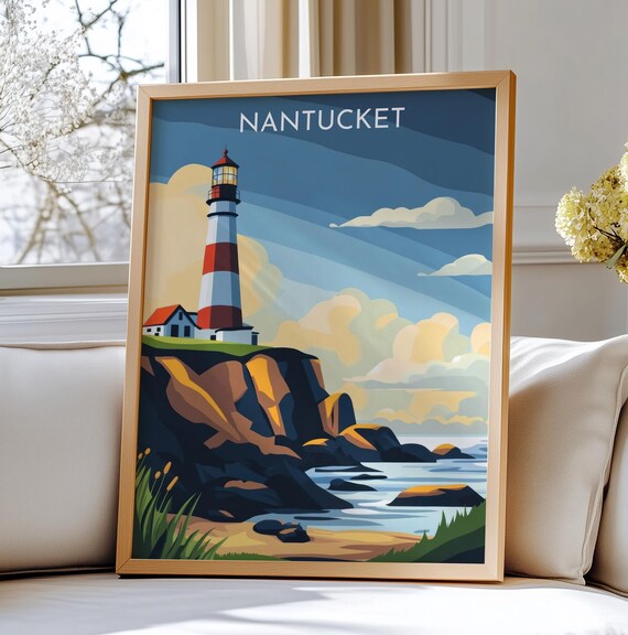 Nantucket Lighthouse Rocky Cliff Sunset Coastal Travel Poster