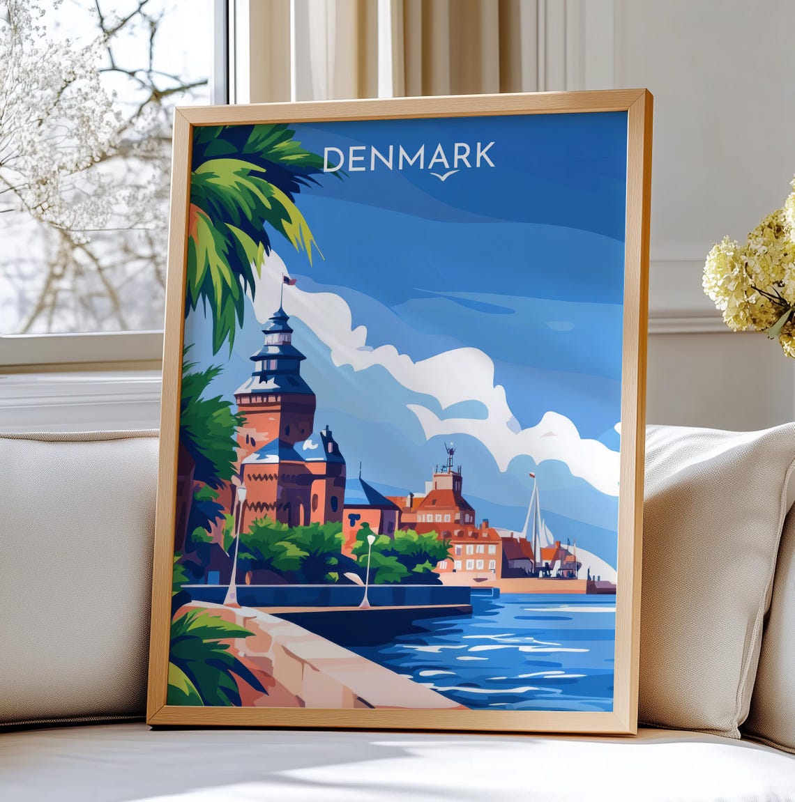 Denmark Travel Poster Kronborg Castle Helsingor Coastal Artwork