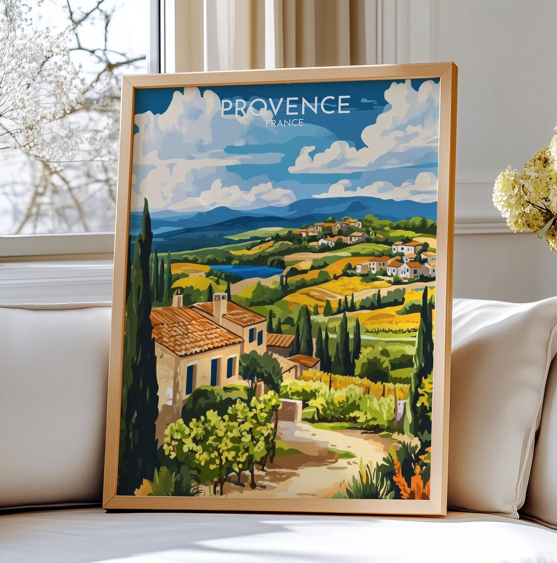 Provence France Travel Poster Sunny Countryside Village Cypress Hills