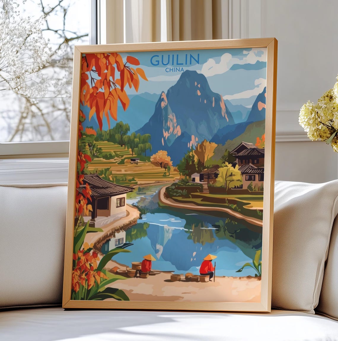Guilin China Travel Poster Karst Mountains Li River Fishing Scene