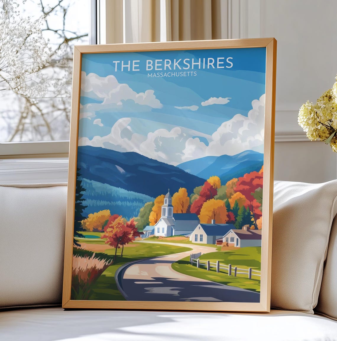 The Berkshires Massachusetts Fall Foliage Village Church Travel Poster