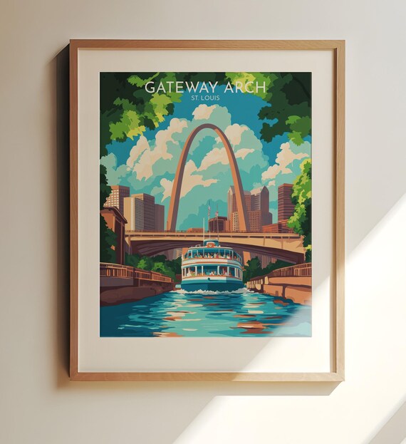 Gateway Arch St Louis Travel Art Print Skyline And Riverboat