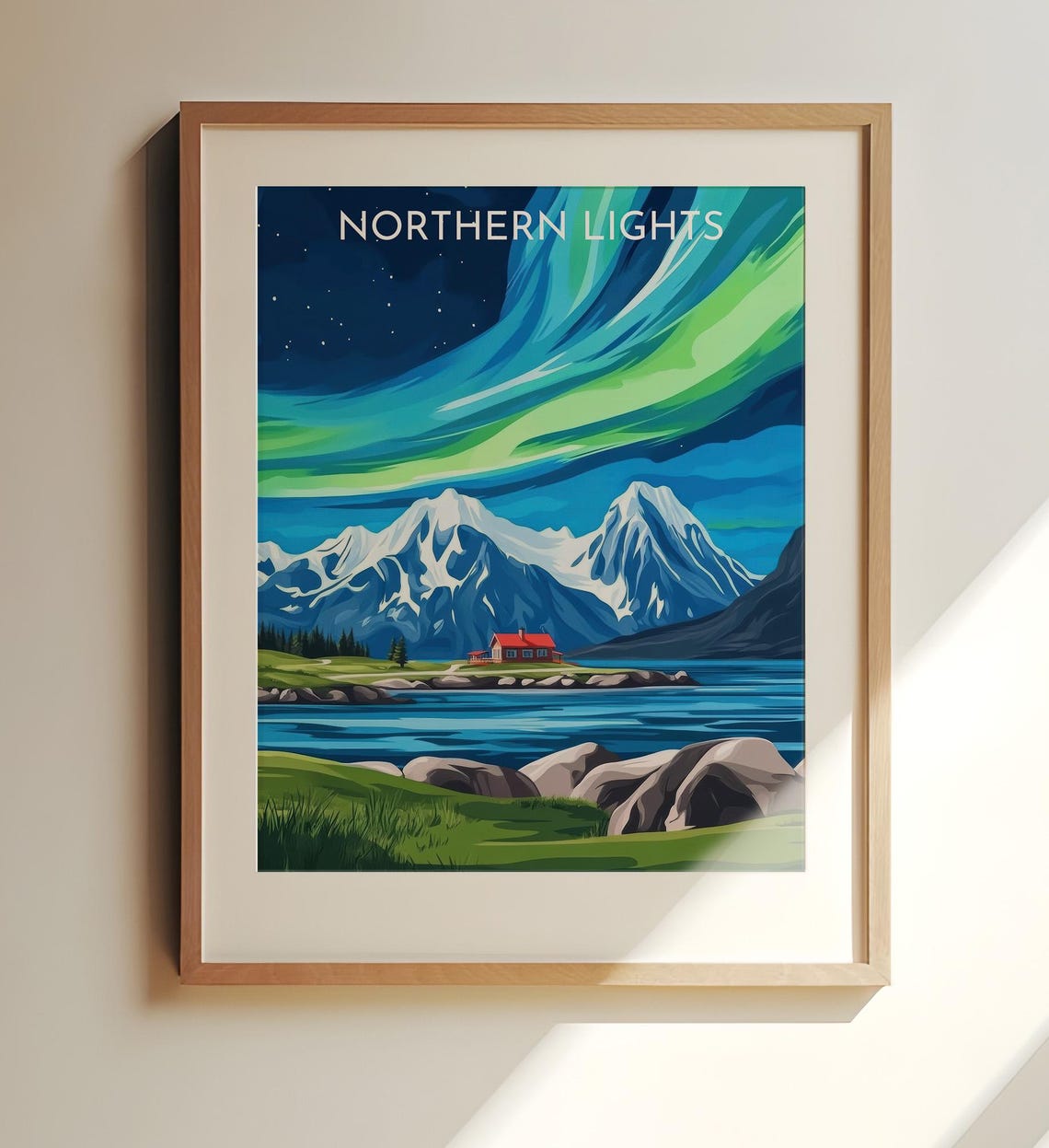 Northern Lights Aurora Fjord Cabin Travel Scandinavian Poster