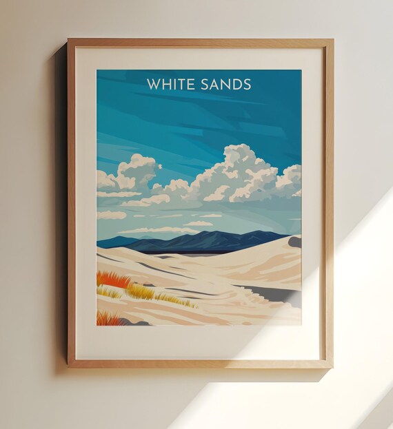 White Sands Desert Dunes Bright Blue Sky Vintage Travel Art Poster