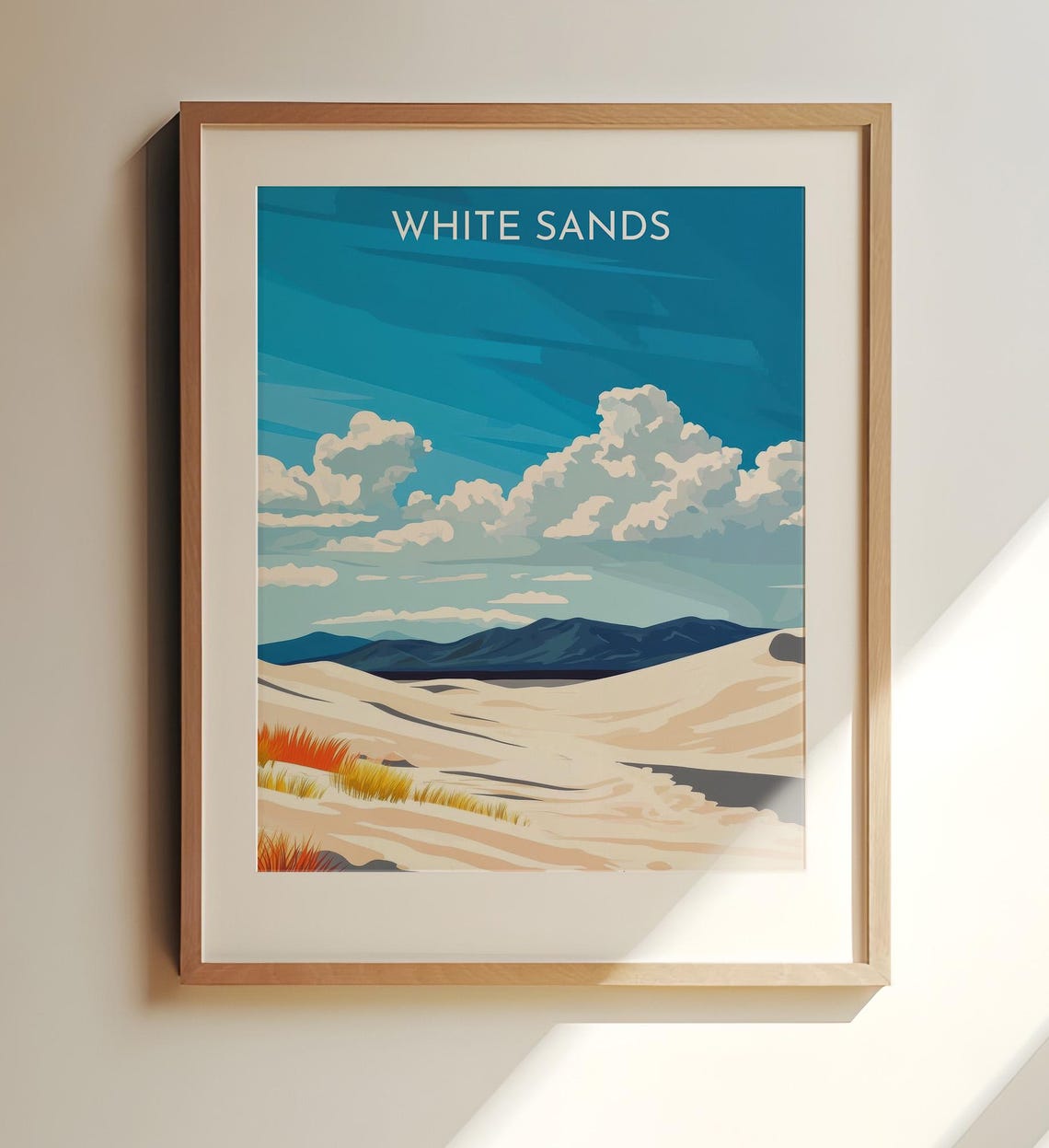 White Sands Desert Dunes Bright Blue Sky Vintage Travel Art Poster