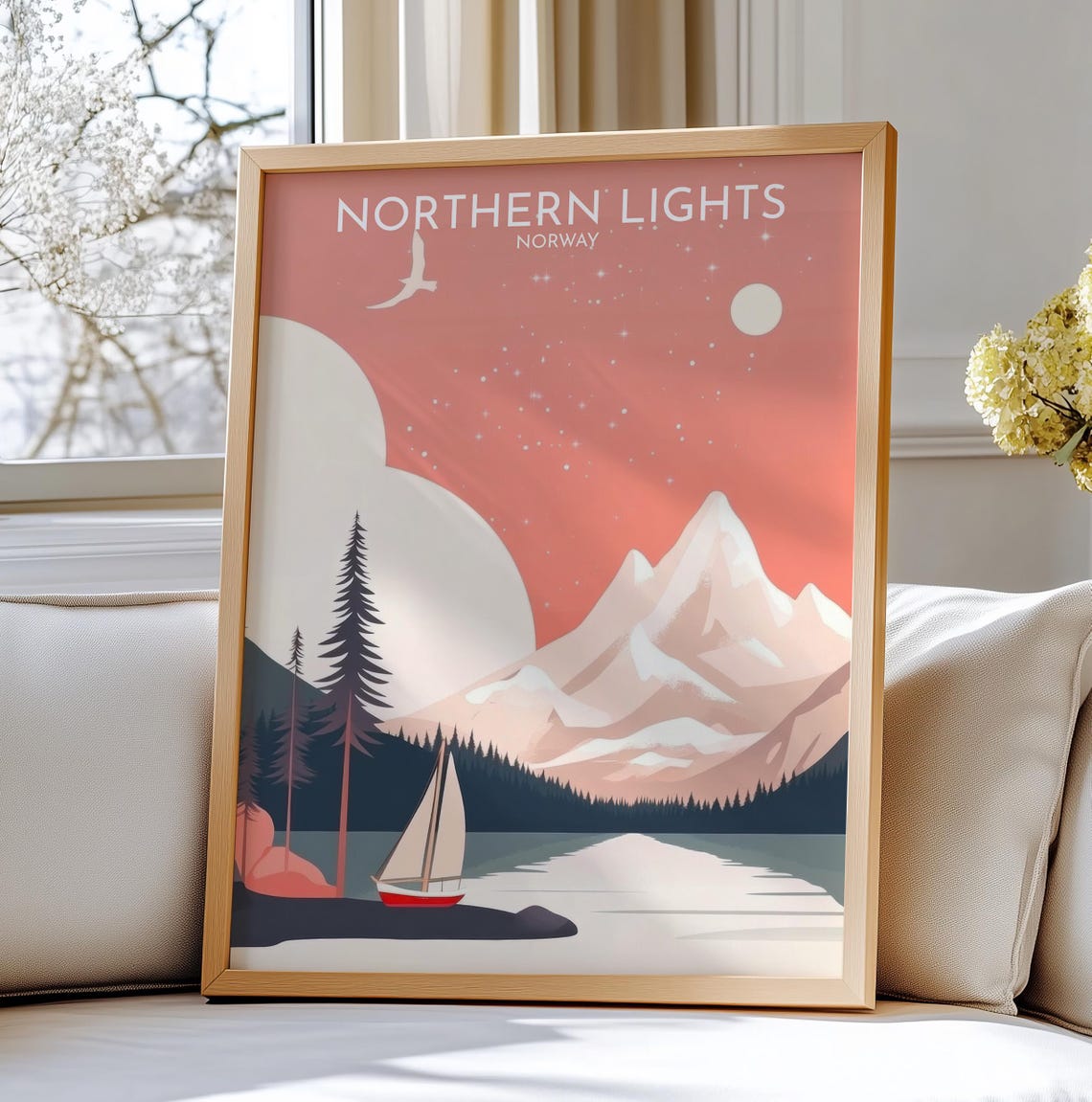 Northern Lights Norway Dreamy Sailboat On Pink Mountain Sky Poster