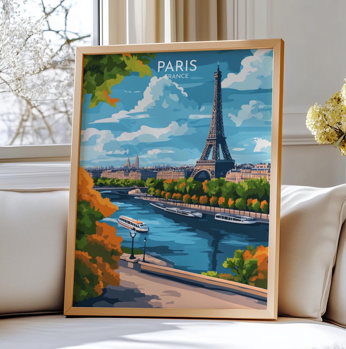 Paris France Eiffel Tower Seine Boats Autumn Colors Travel Poster