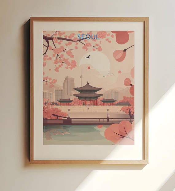 Seoul South Korea Travel Poster Art Gyeongbokgung Palace With Cherry Blossoms