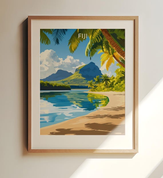Fiji Travel Poster Art Scenic Beach And Mountain Landscape