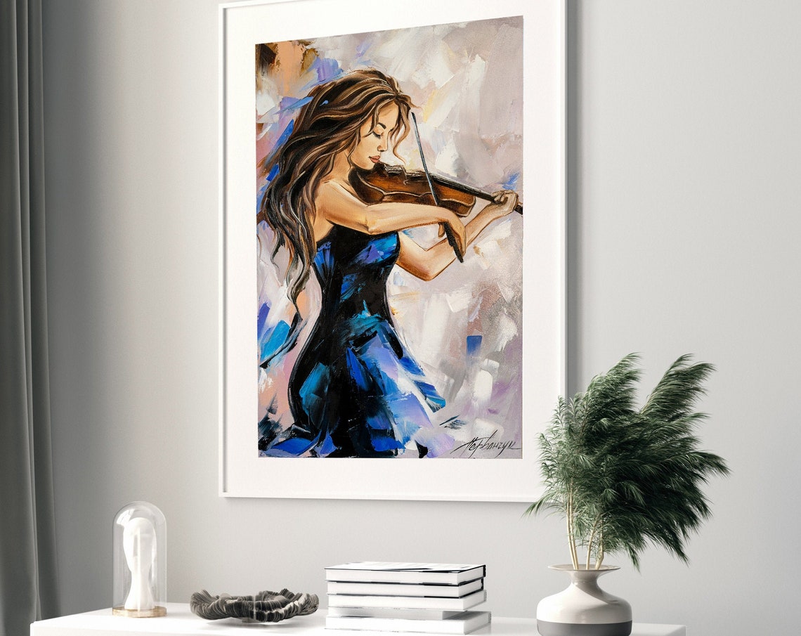 Abstract Girl With Violin Oil Painting Modern Woman Art Music Gifts For Her Royal Blue Painting 48x36 Elegant Wall Decor Contemporary Art - Image 2