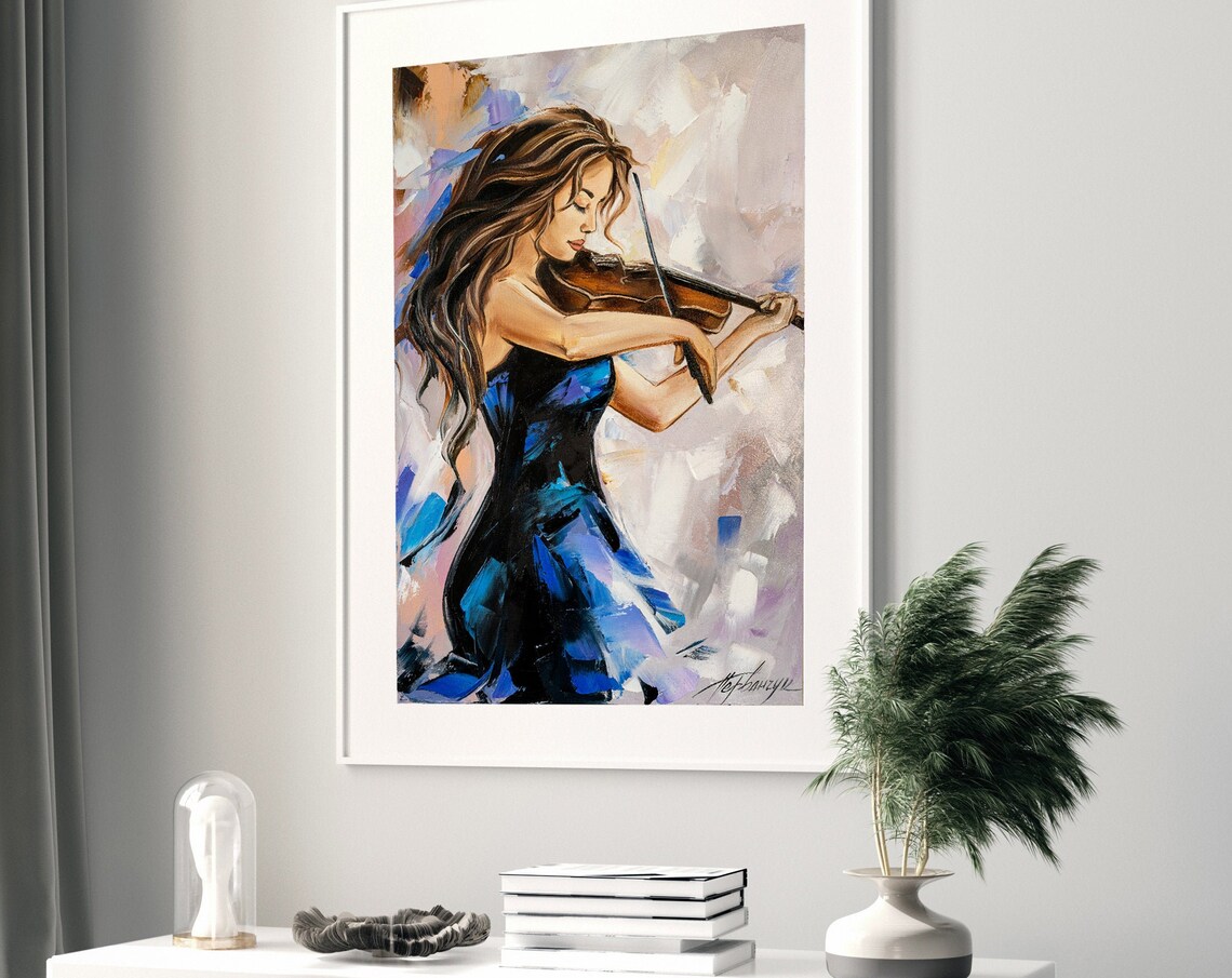 Woman In Blue Dress Playing Violin Pastel Abstract Music Art Poster - Image 2