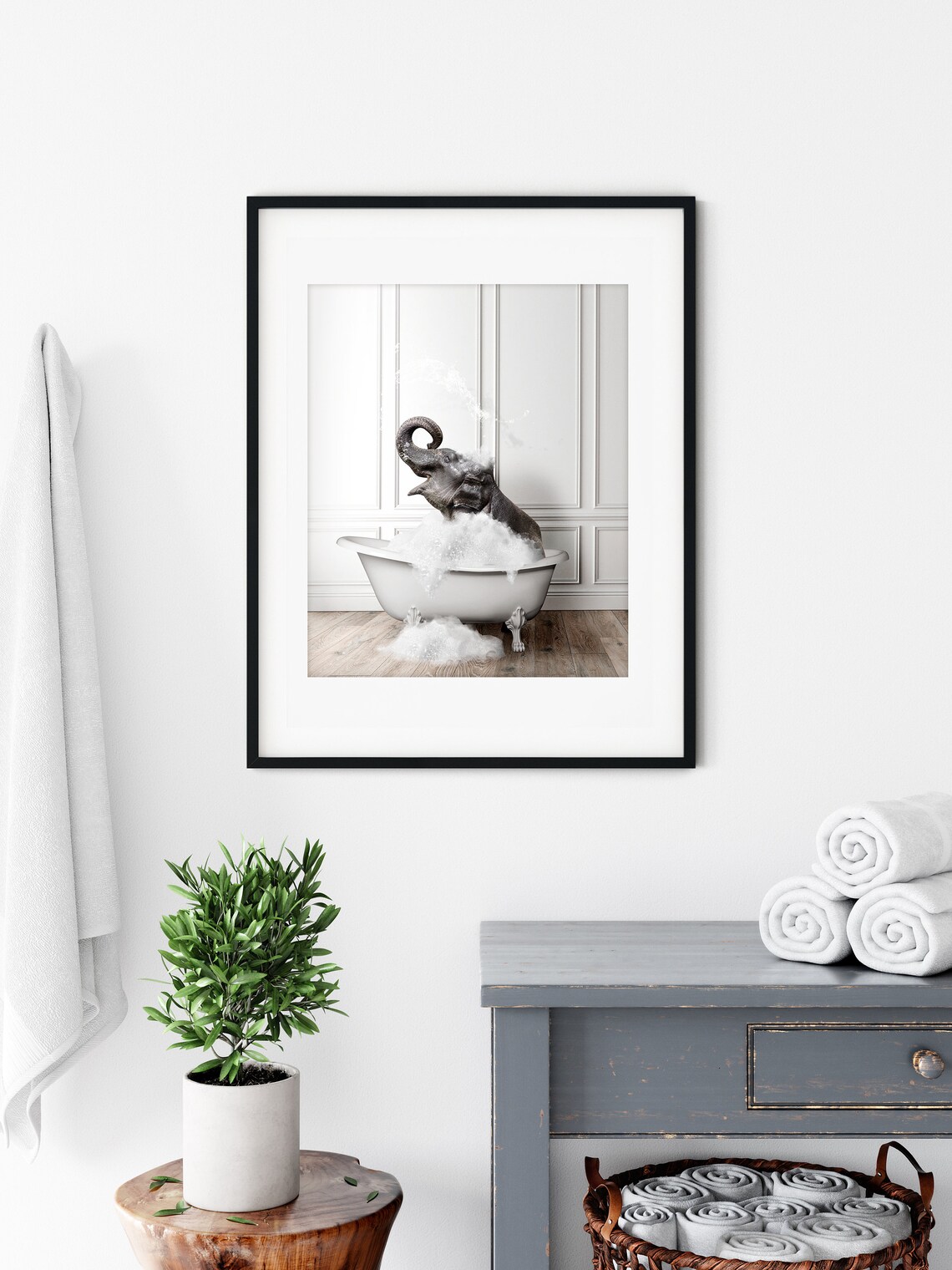 Adorable Elephant in Tub Art Print, Bathroom Art
