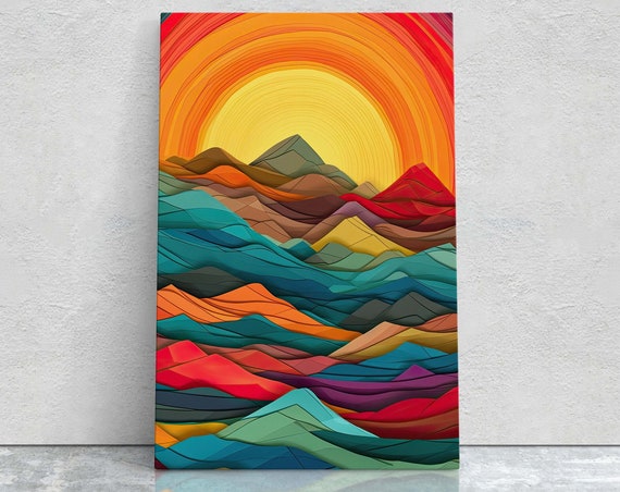 Sunshine Mountain On Sunset Decor Flat Art Vibrant Color Bold Art Vertical Abstract Mid Century Modern Scandinavian Print
