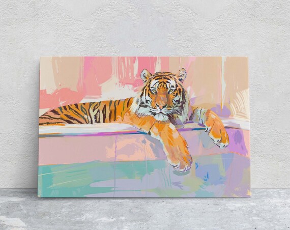 Tiger In Bathtub Pastel Pink Kitsch Fun Maximalist Bathroom Art Poster