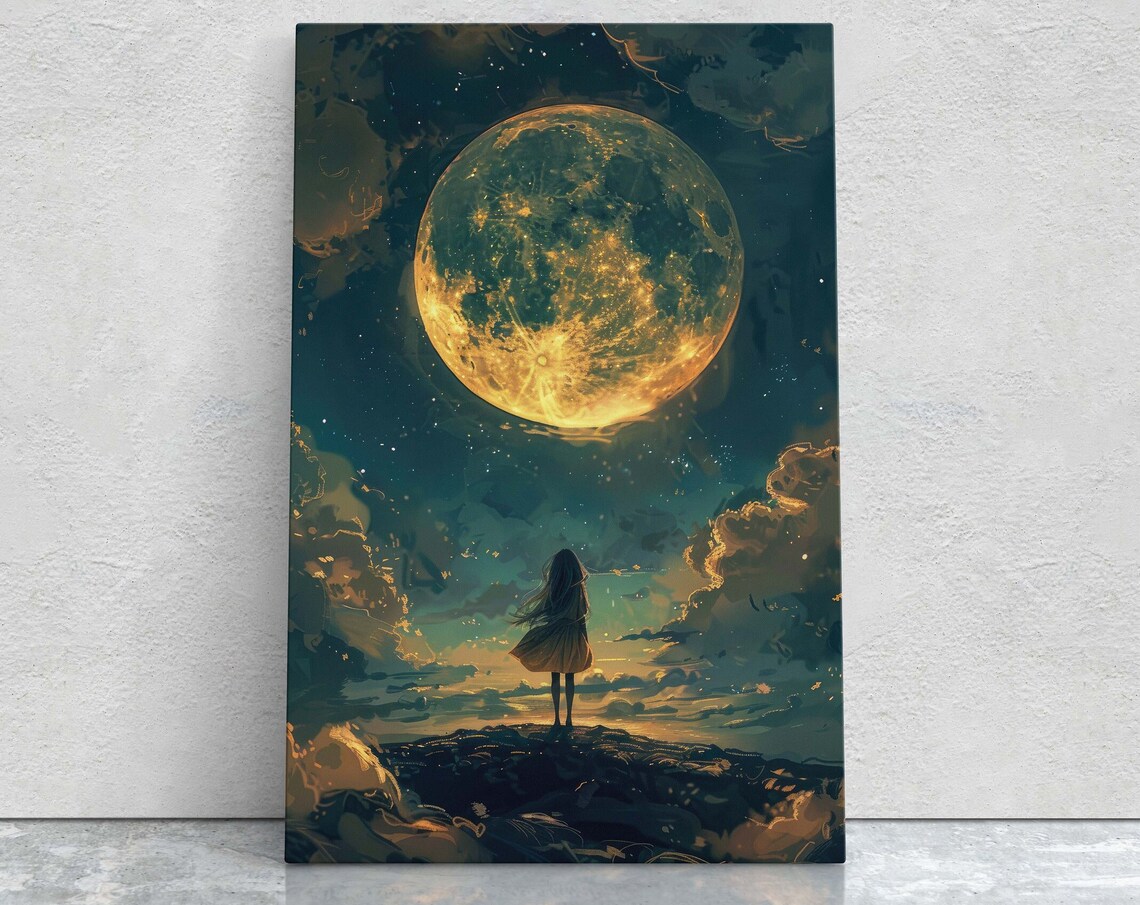 Traveler Moon Full Moon Art Print, Gold and Indigo