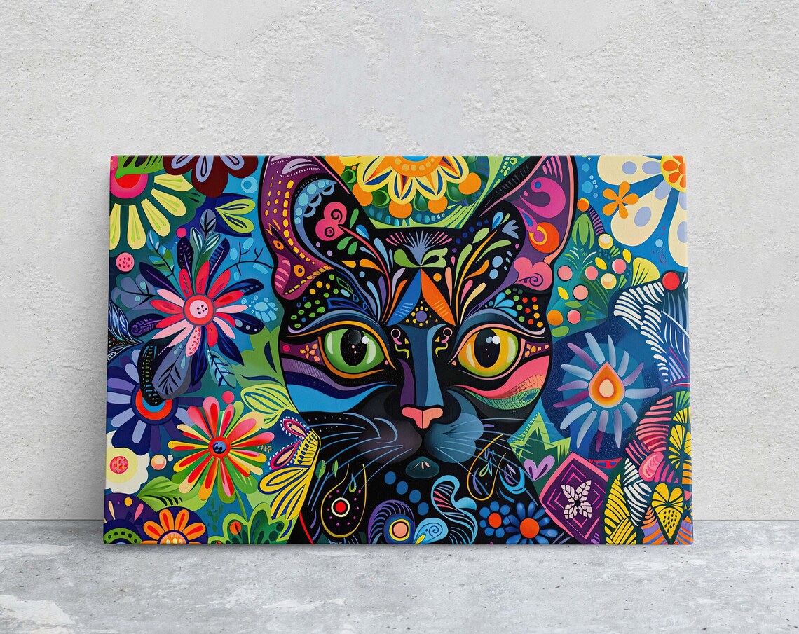Whimsical Black Cat Pop Art, Geometric Abstract Art Print