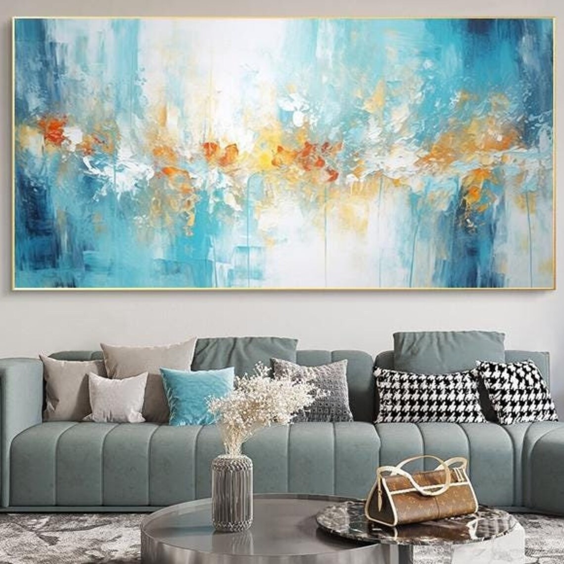 Turquoise Blue Abstract Oil Painting With Golden Amber Accents Poster