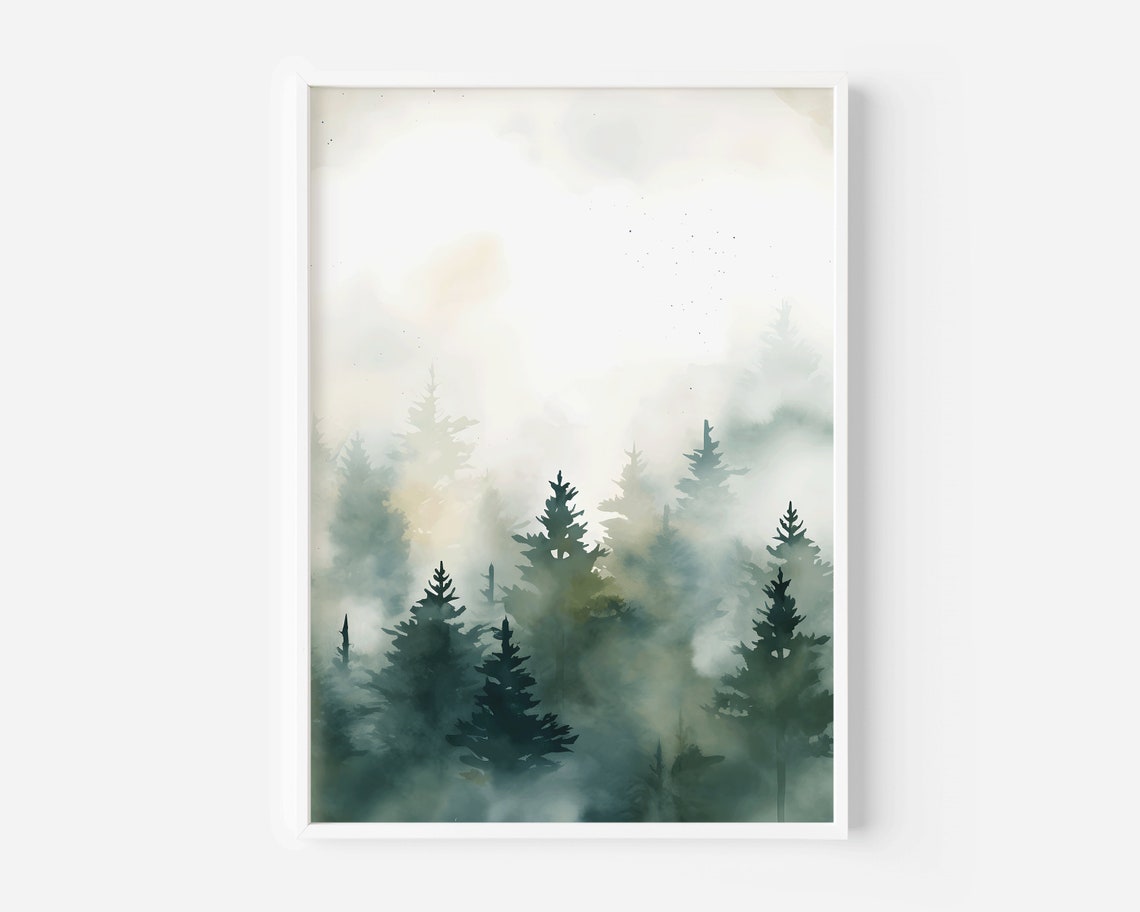 Misty Green Pine Forest Watercolor Dense Foggy Trees Wall Poster - Image 2